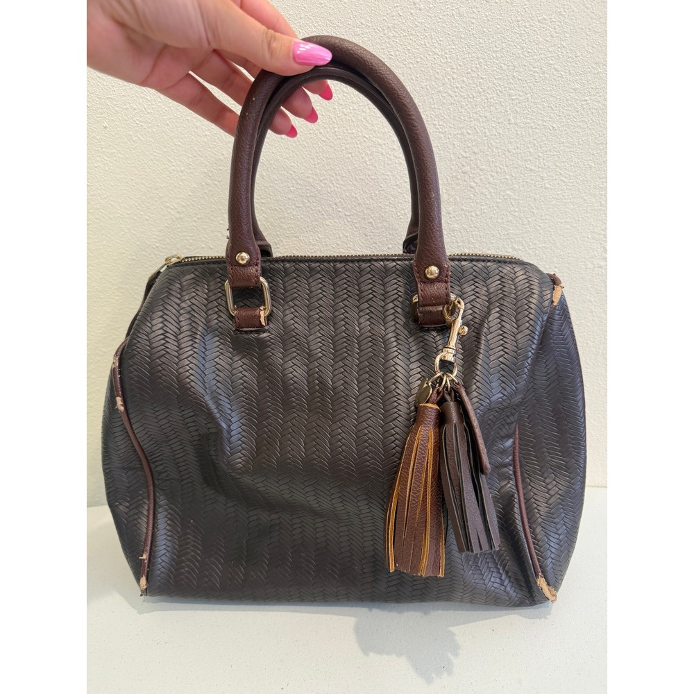 Woven Braided Satchel Handbag Brown Tassel Gold Hardware BoHo Shoulder Bag